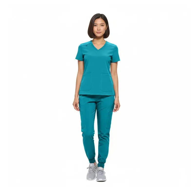 Wholesale women's teal v-neck scrub top and jogger pants set with pockets