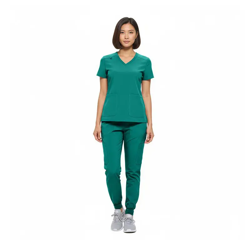 Wholesale women's teal scrub set with v-neck top and jogger pants featuring cargo pockets