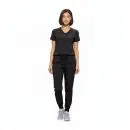 Wholesale women's black v-neck scrub top with matching jogger pants and gray sneakers