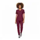 Wholesale women's burgundy v-neck scrub top and pants set with short sleeves
