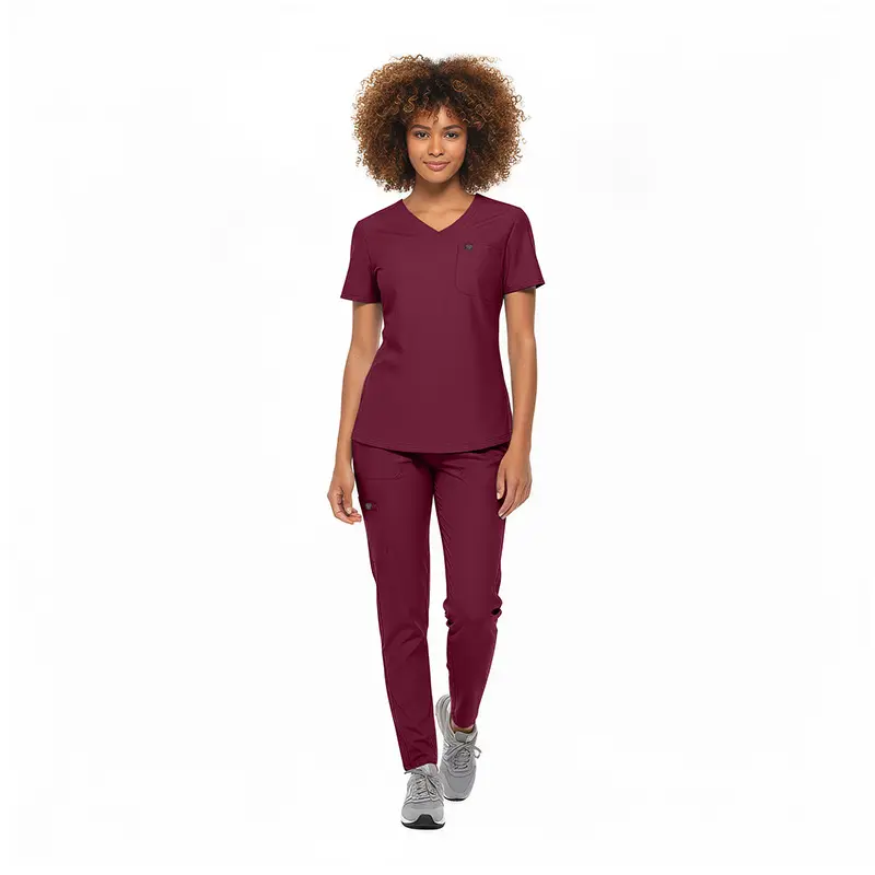 Wholesale women's burgundy v-neck scrub top and pants set with short sleeves