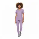 Wholesale women's purple v-neck scrub top and pants set with short sleeves