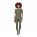 Wholesale women's olive green v-neck scrub top and matching jogger pants set