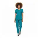 Wholesale women's teal v-neck scrub top and pants set with short sleeves