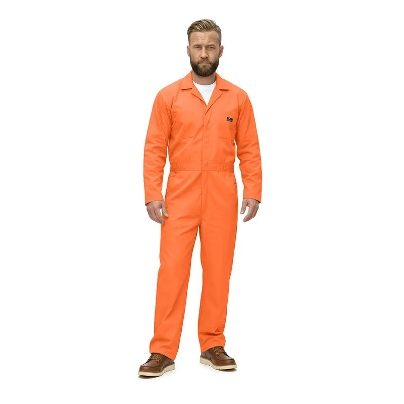 Wholesale men's orange long-sleeve coverall with chest pocket and brown work boots