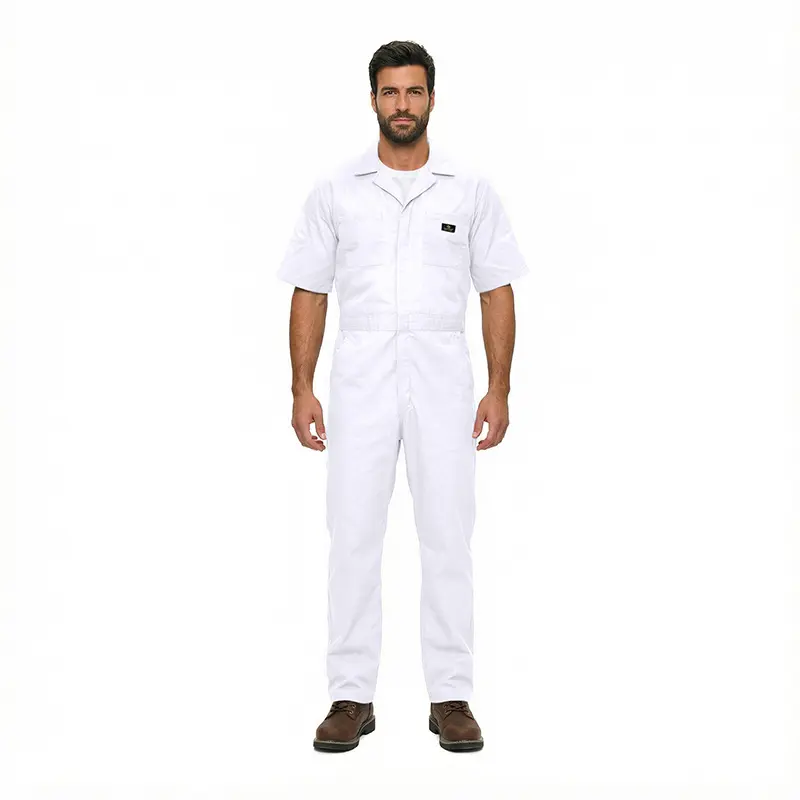 Wholesale men's white short-sleeve coveralls with chest pocket and button front closure