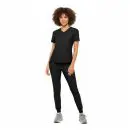 Wholesale women's black v-neck scrub top with short sleeves and matching black jogger pants