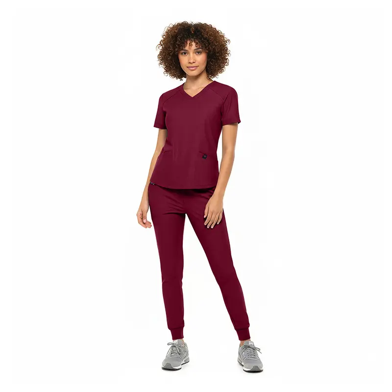 Wholesale women's burgundy v-neck scrub top and jogger pants set with short sleeves