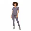 Wholesale women's gray v-neck scrub top and jogger pants set with short sleeves