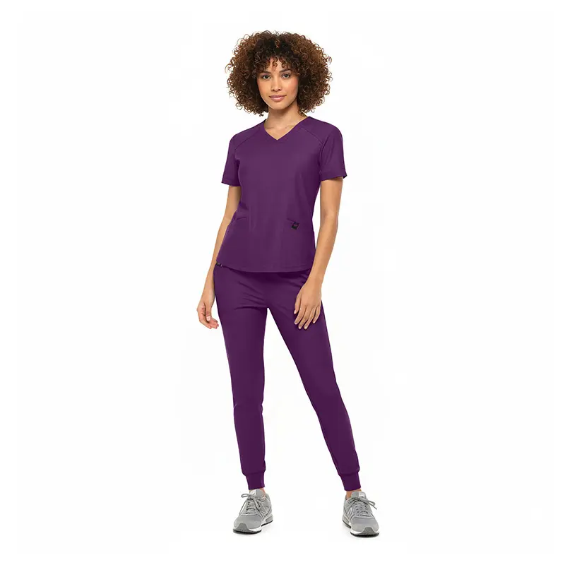Wholesale women's purple v-neck scrub top and jogger pants set with sneakers