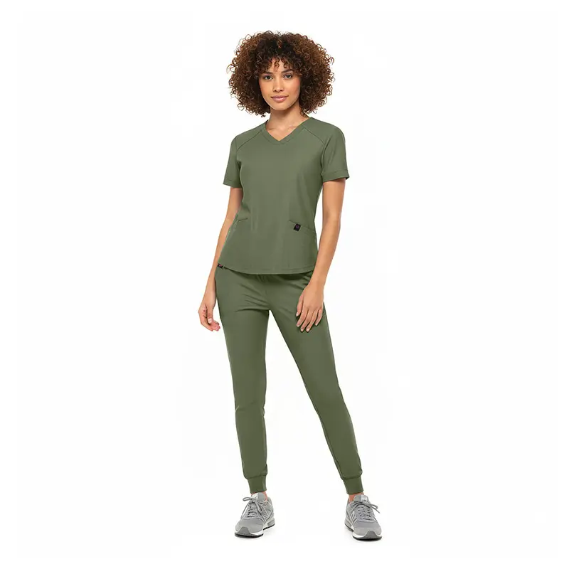 Wholesale women's olive green v-neck scrub top and jogger pants set with short sleeves