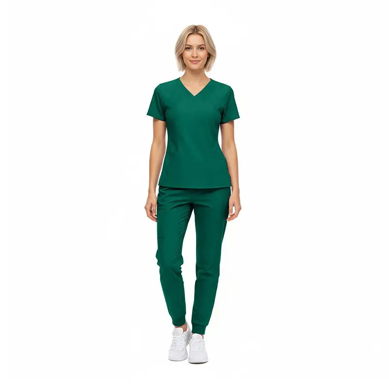 Wholesale women's green v-neck scrub top and jogger pants set with white sneakers