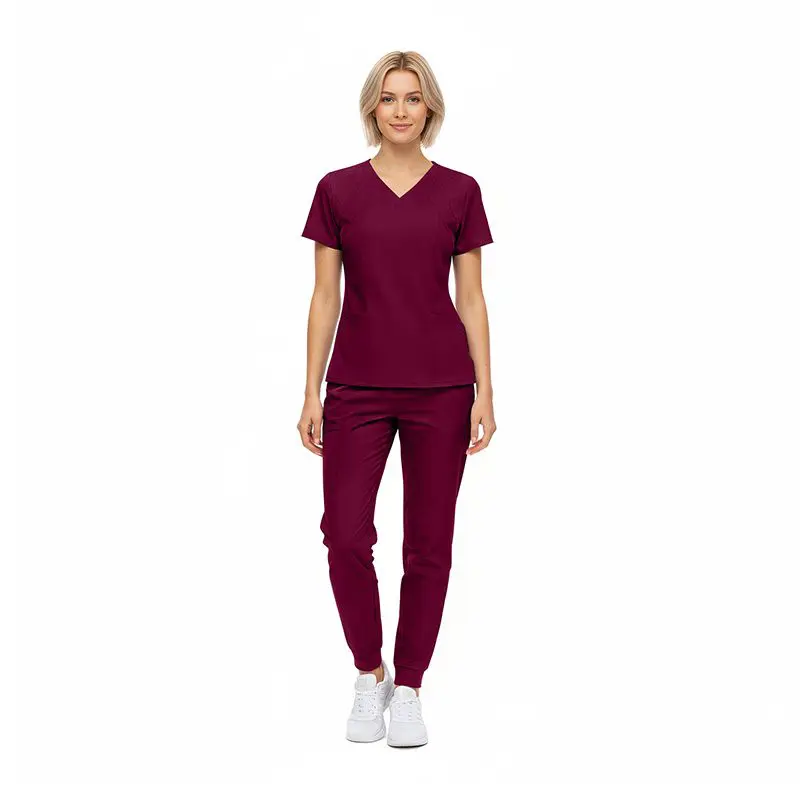 Wholesale women's burgundy v-neck short sleeve t-shirt and jogger pants set