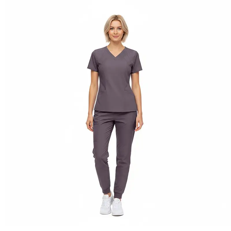 Wholesale women's charcoal v-neck scrub top and jogger pants set with pockets