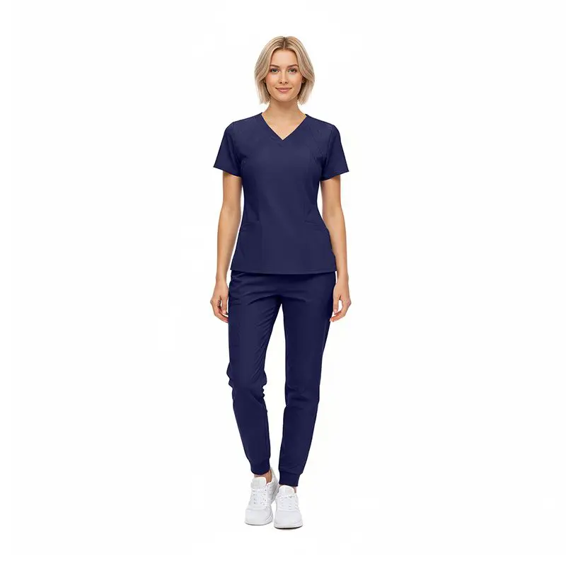 Wholesale women's navy v-neck short sleeve top with matching jogger pants and white sneakers