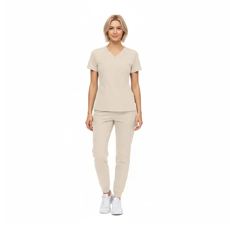 Wholesale women's beige v-neck short-sleeve t-shirt and matching jogger pants set