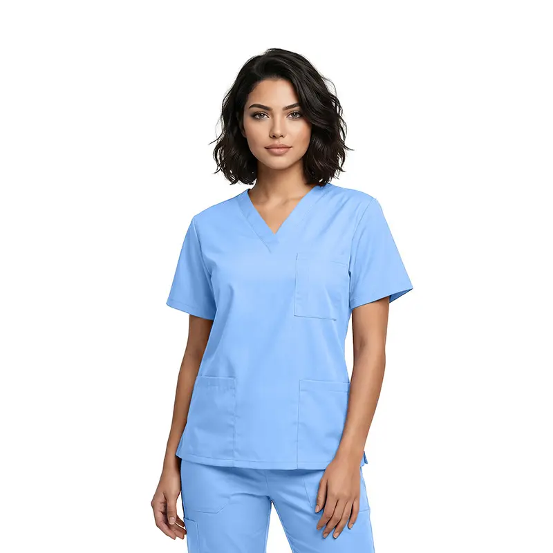 Wholesale women's periwinkle blue scrub top with v-neckline and front pockets