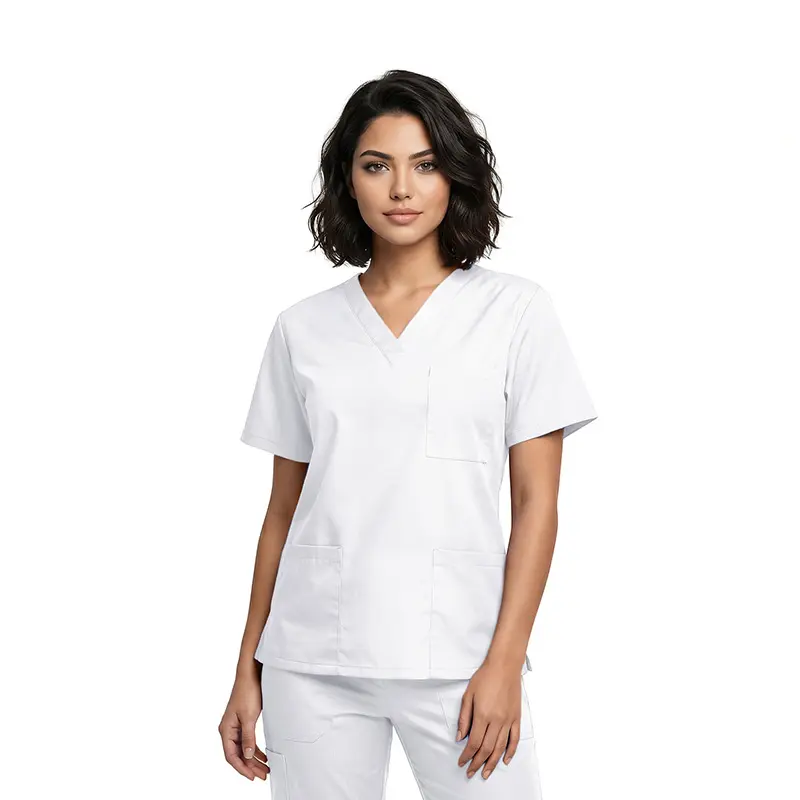 Wholesale women's white v-neck scrub top with short sleeves and front pockets