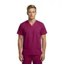 Wholesale men's burgundy v-neck scrub top with short sleeves and chest pocket