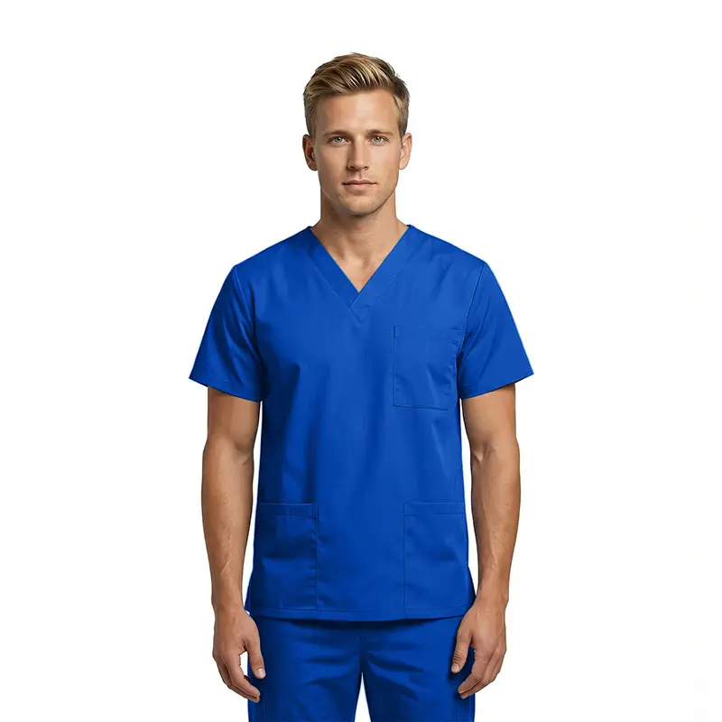 Wholesale men's royal blue v-neck scrub top with short sleeves and chest pocket
