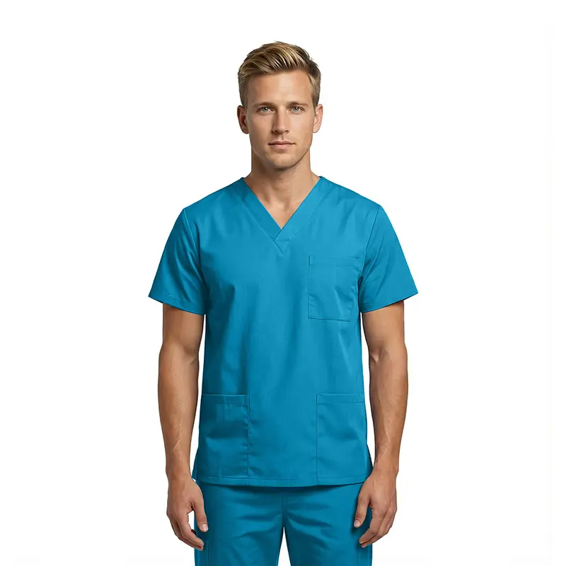 Wholesale men's teal blue scrub top with v-neckline and front pockets