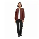 Wholesale burgundy snap-front cardigan with chest pocket worn over white tee and black pants