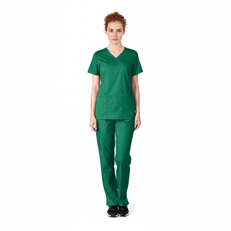 Wholesale women's green v-neck scrub top and pants set with short sleeves