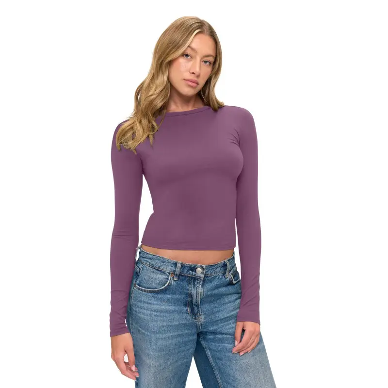 Wholesale women's purple long-sleeve cropped crew neck tee with blue denim jeans
