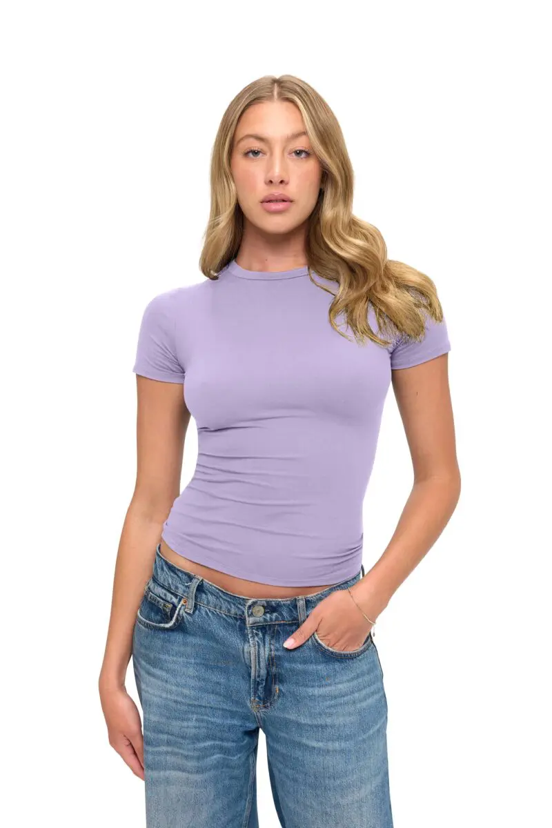 Wholesale women's lavender short sleeve fitted crew neck t-shirt with blue denim jeans