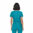 Wholesale women's teal short-sleeve t-shirt and elastic-waist scrub pants set, back view