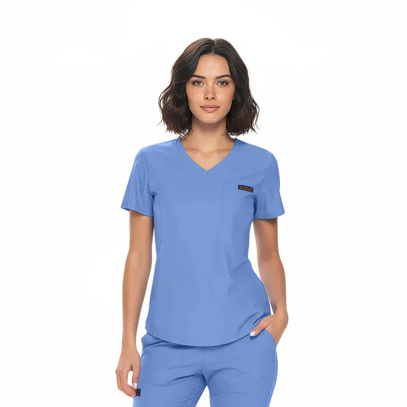 Wholesale women's blue v-neck scrub top with short sleeves and chest pocket