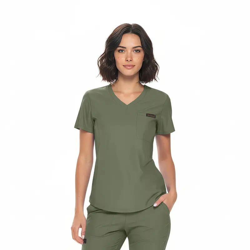Wholesale women's olive green v-neck scrub top with short sleeves and chest pocket