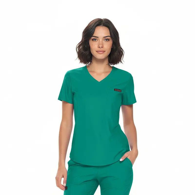 Wholesale women's teal v-neck scrub top with short sleeves and chest pocket