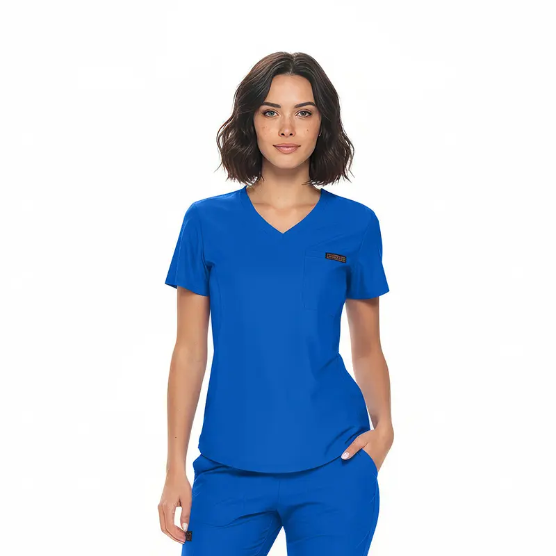 Wholesale women's blue v-neck scrub top with short sleeves and chest pocket