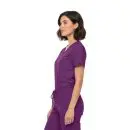 Wholesale women's purple short-sleeve scrub top with front zip closure and chest pocket
