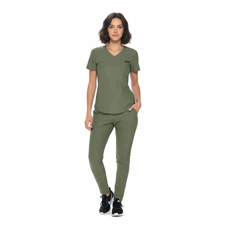 Wholesale women's olive green v-neck scrub top and jogger pant set with chest pocket