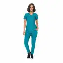 Wholesale women's teal v-neck scrub top and pants set with short sleeves and chest pocket