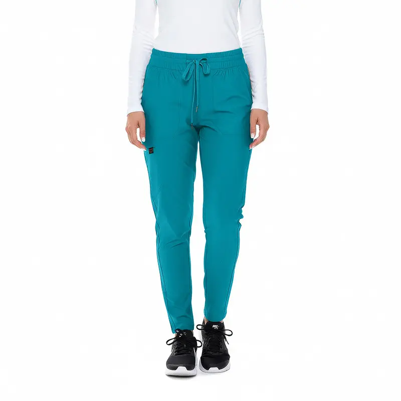 Wholesale women's teal scrub pants with drawstring waist and cargo pockets