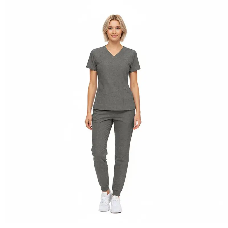 Wholesale women's gray v-neck t-shirt and jogger pants set