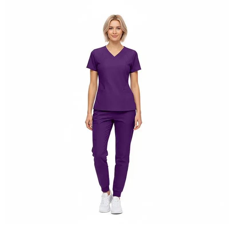 Wholesale women's purple v-neck scrub top and jogger pants set with white sneakers
