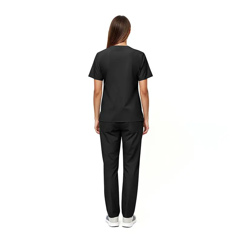 Wholesale women's black short-sleeve t-shirt and black pants set, rear view