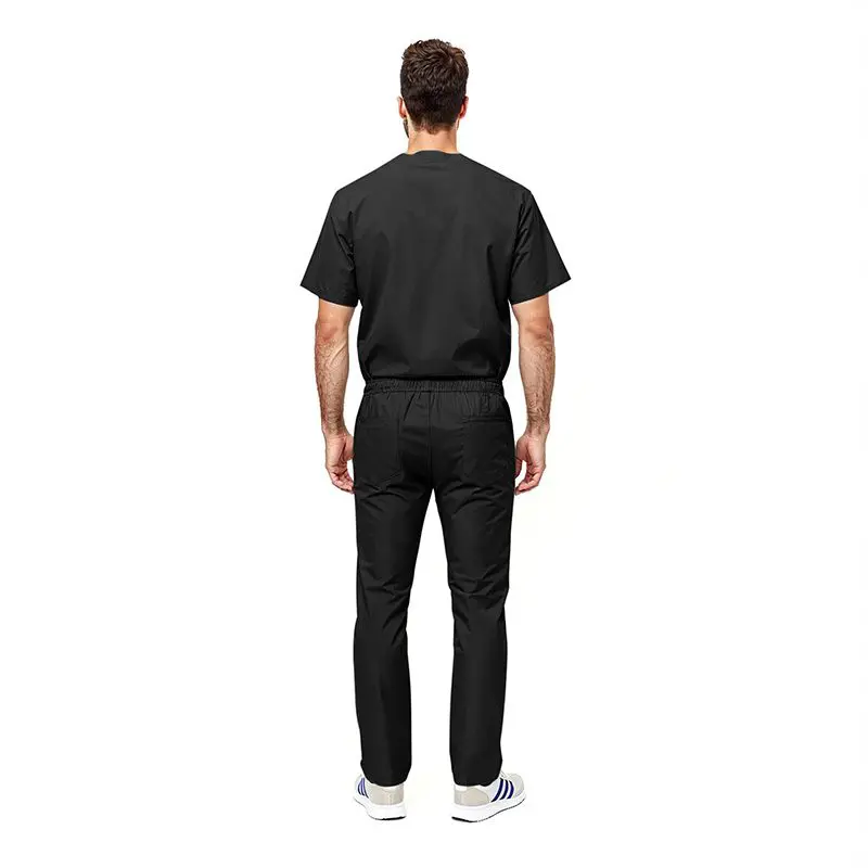 Wholesale men's black short-sleeve t-shirt and elastic waist pants set, back view