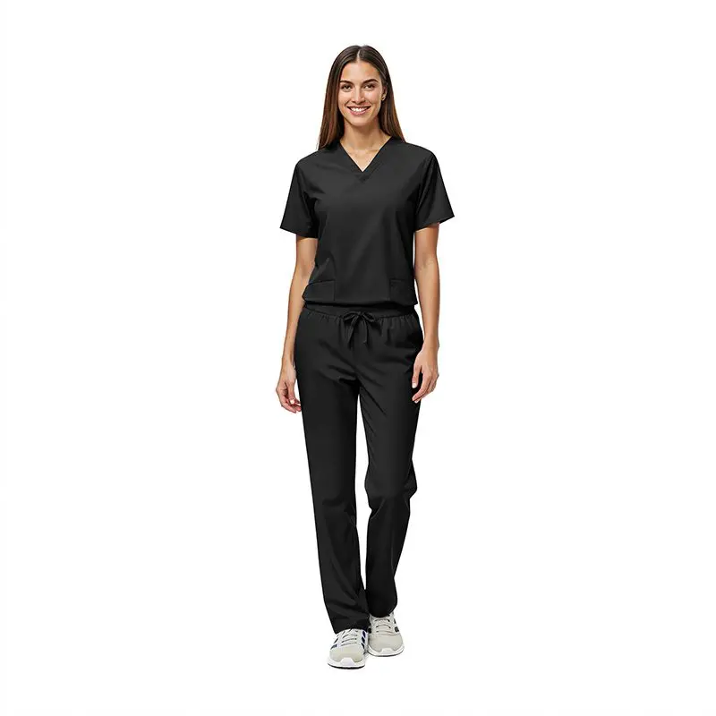 Wholesale women's black v-neck scrub top and drawstring pants set