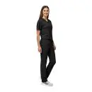 Wholesale women's black v-neck scrub top and drawstring scrub pants set with white sneakers