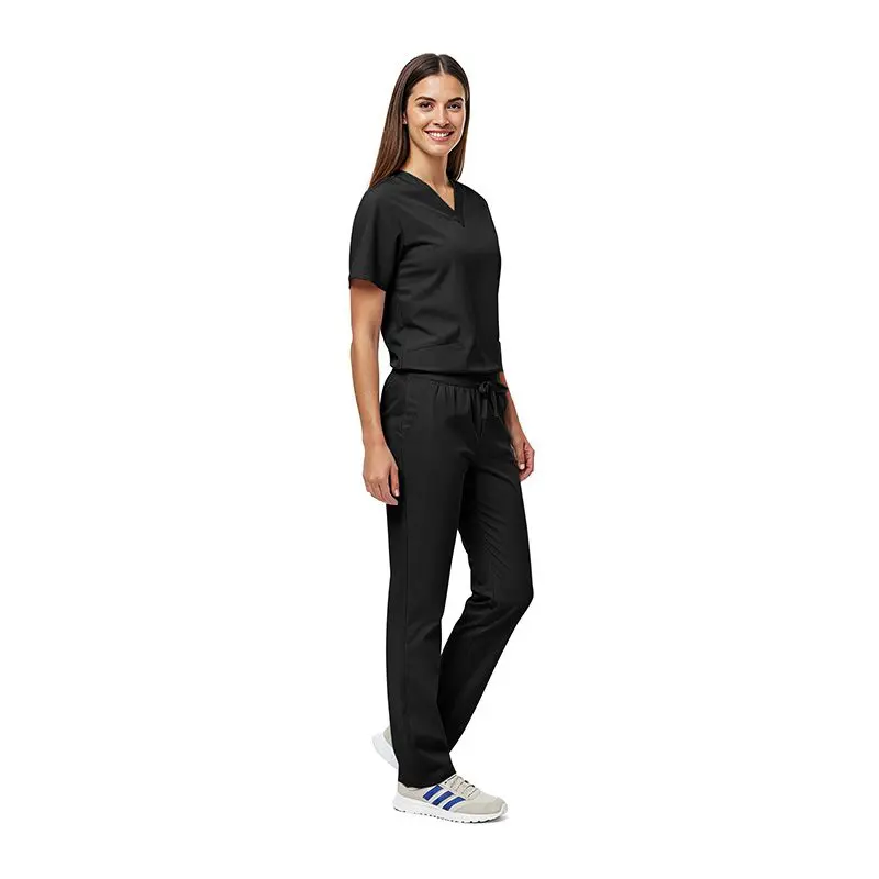 Wholesale women's black v-neck scrub top and drawstring scrub pants set with white sneakers