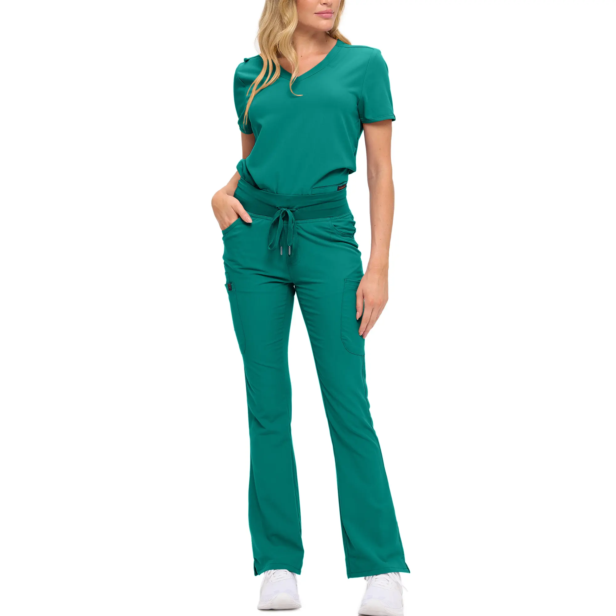 Wholesale women's teal v-neck scrub top with short sleeves paired with matching drawstring scrub pants