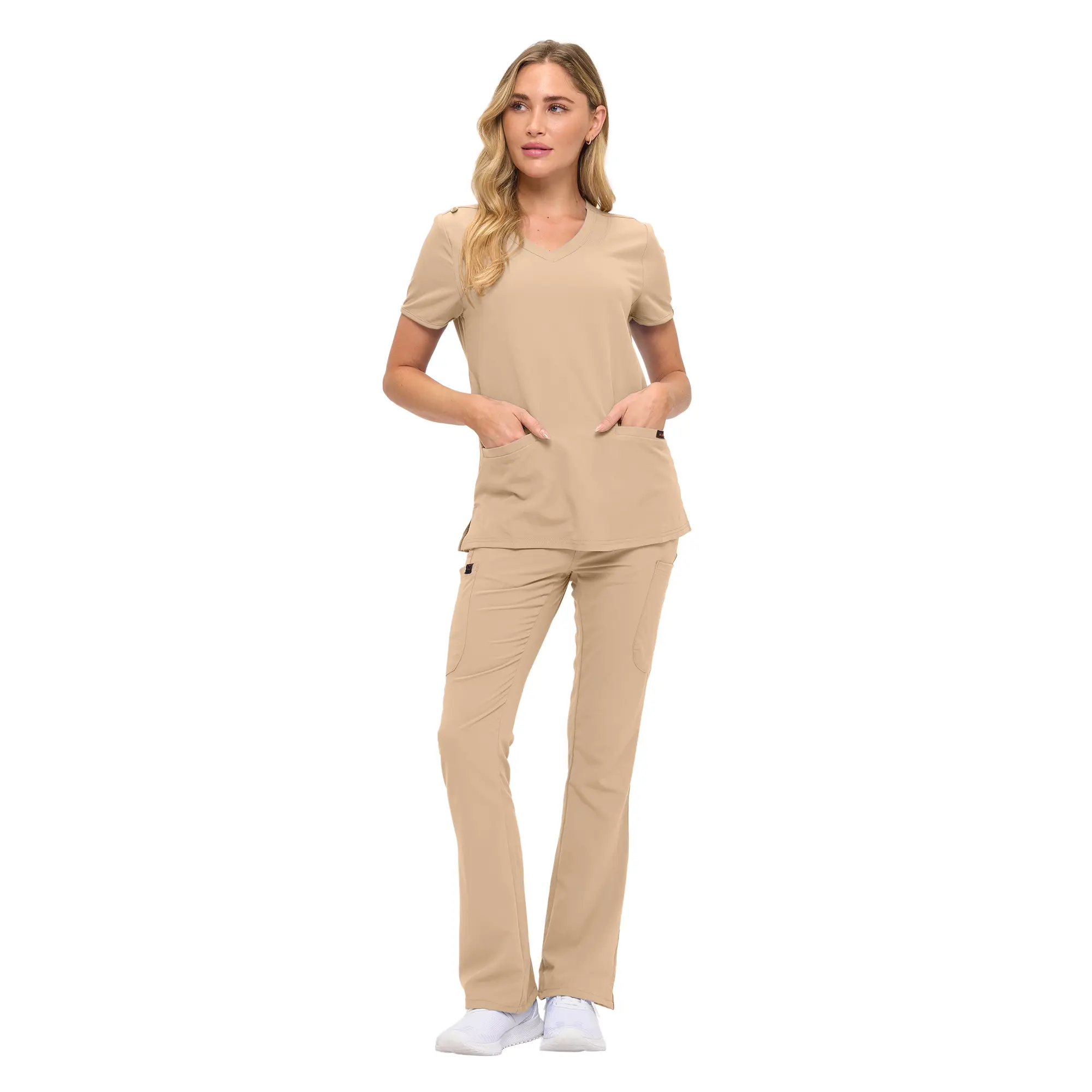Wholesale women's beige v-neck scrub top and flared pants set with pockets