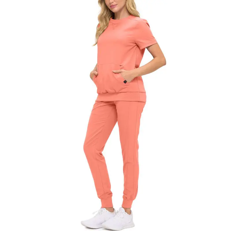 Wholesale women's coral short-sleeve t-shirt and jogger pants set with pockets