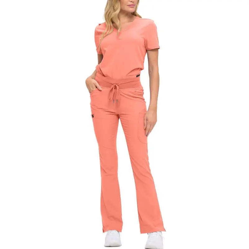 Wholesale women's coral scrub set with short-sleeve top and flared pants with drawstring waist