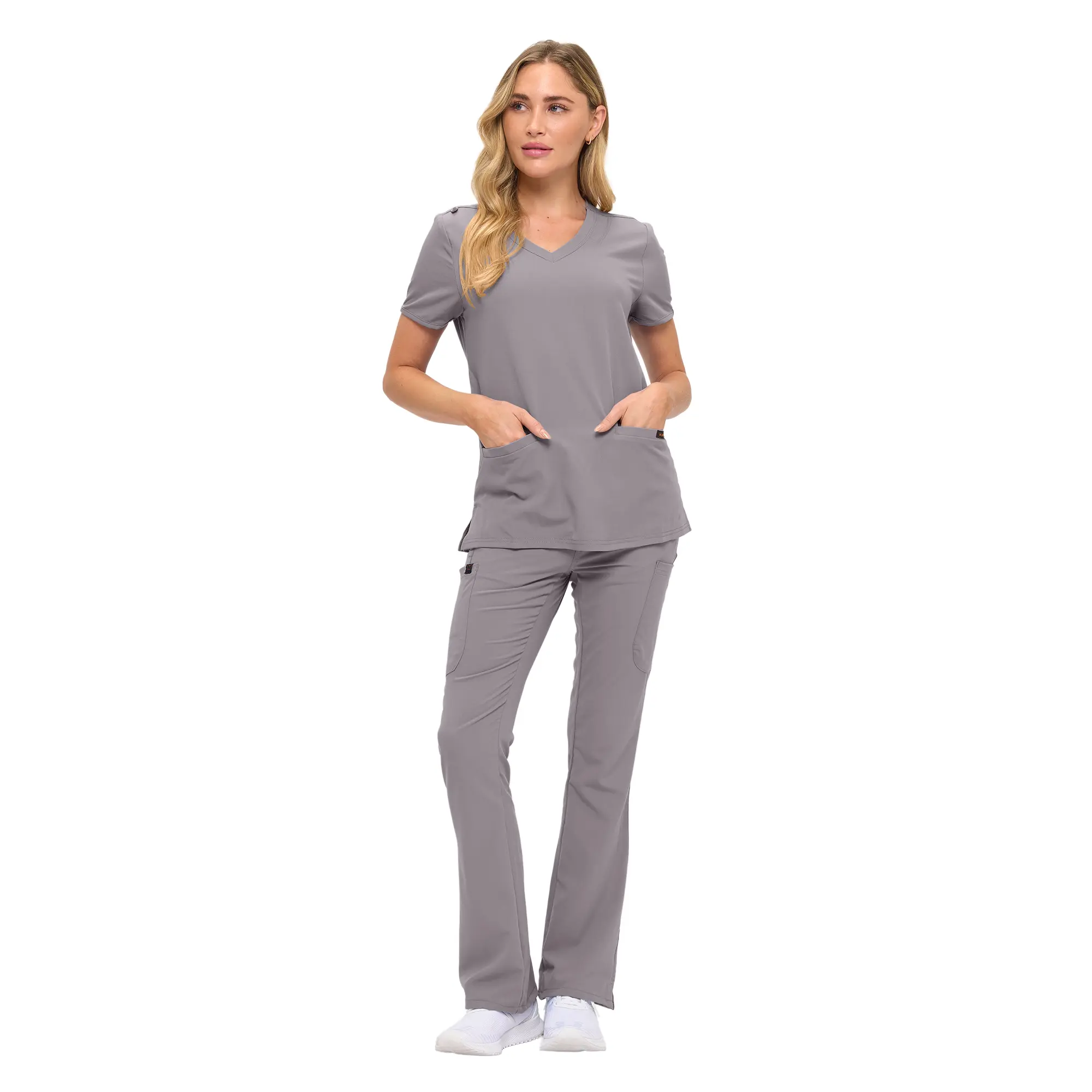 Wholesale women's gray v-neck scrub top with short sleeves and matching flare pants with pockets